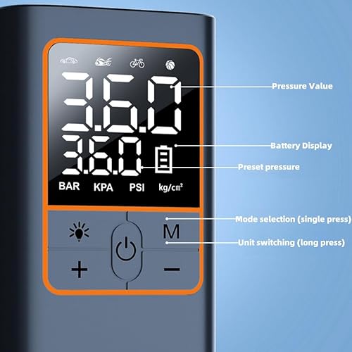 Miniatura 8 de Bomba de aire recargable para neumáticos de automóvil, bolas, inflables y más, inalámbrico, portátil, 5 modos, 4 boquillas, compresor de aire