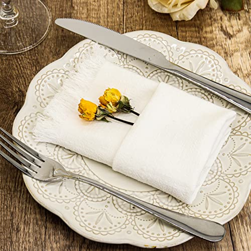 Dololoo Handmade Cloth Napkins, Cotton Linen Cloth Napkins With Fringe, Versatile Handmade Square Rustic Fringe Napkins For Dinner, Wedding And Parties, 18 X 18 Inches Set Of 4, White #TOP2