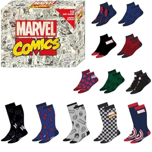 CERDÁ Caixa de presente de 12 pares de meias Marvel - tamanho 40/46 | 98% poliéster, 2% elástico, edição exclusiva Redstring | desenhos originais dos seus personagens favoritos, multicolorido