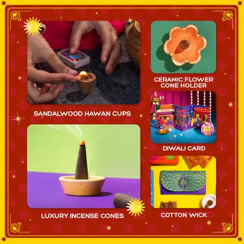Image of Phool 15 Item Kalamkari Diwali Utsav Gift Box Ladoo, Chikky, Laxmi Charan, Incense, Havan Cup, Candles, Diya and Decor, Premium Diwali Gift Hamper for Family, Friends & Corporate Gifting