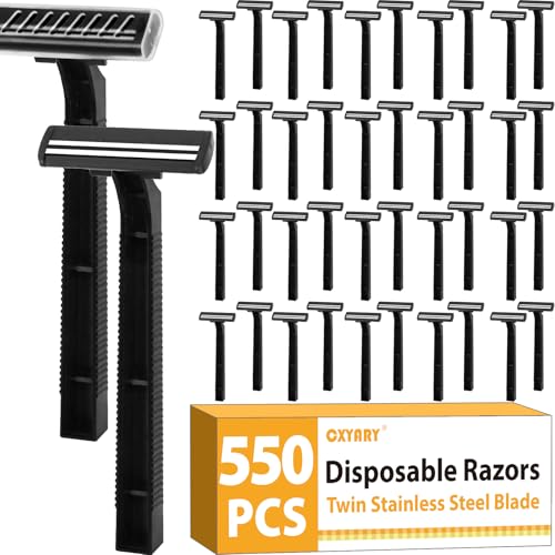 CXYARY 550 Pcs Twin Blade Disposable Razors With Clear Safety Cap Shaving Razors Bulk for Men &Women Stainless Steel Blade Multipurpose Portable Shave Razor for Bathing Hotel Travel Black