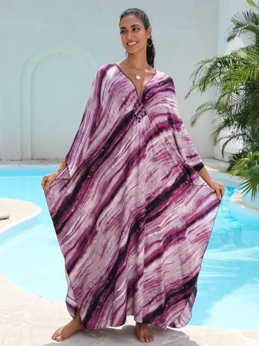 Image of IMAGEKOPE Women's Plus Size Animal Print V-Neck Batwing Kaftan Beach Dress Bathing Suit Cover-Up Loungewear