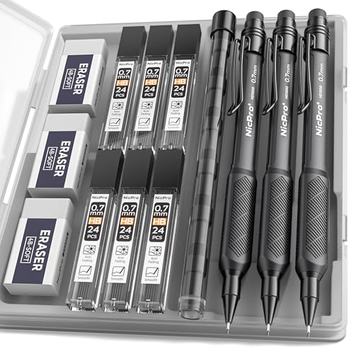 Nicpro 0.7 mm Mechanical Pencil Set with Case, 3PCS HD1000 Mechanical Pencils 0.7 With 6 Tube HB Lead Refills, Eraser, Weatherproof Barrel for Outdoor Writing Drafting Drawing Sketching