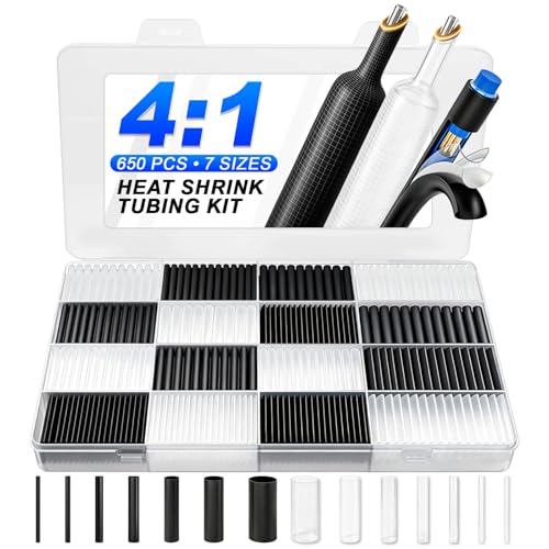 ROADPLUM 650 PCS Heat Shrink Tubing Kit,4:1 Ratio Adhesive Lined, Clear Black Wire Shrink Wrap Tubing,7 Size 3/32"-3/4" Industrial Dual Wall Heat Shrink Tube,Waterproof Heatshrink Tubes