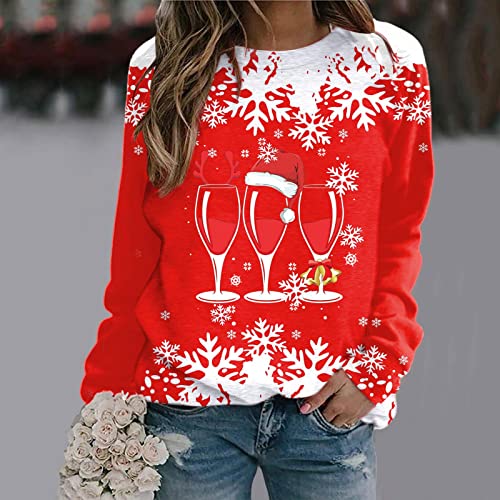 YHEGHT Suéter feminino de Natal com manga comprida e gola redonda moda casual inverno outono básico,