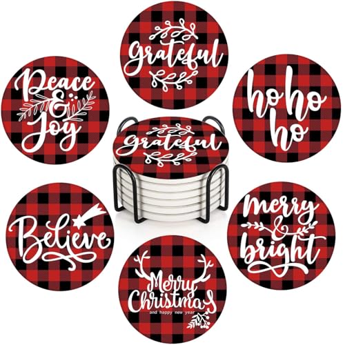 Britimes Christmas Coasters for Drinks, Set of 6, Ceramic Stone, Tartan