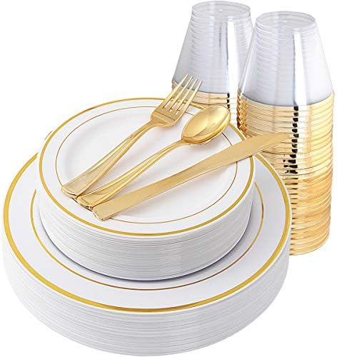 I00000 150Pcs Gold Plastic Plates, Disposable Gold Dinnerware Set Include 25 Gold Dinner Plates,25 Gold Dessert Plates,25 Gold Forks,25 Knives,25 Spoons,25 Cups,White Plastic Gold Rim Plates for Party