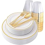 I00000 150Pcs Gold Plastic Plates, Disposable Gold Dinnerware Set Include 25 Gold Dinner Plates,25 G