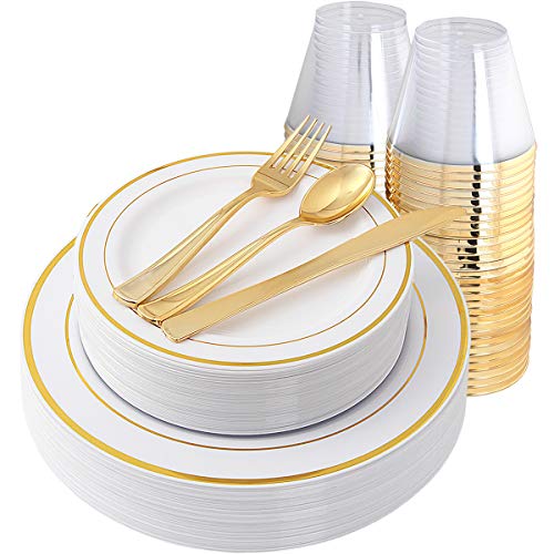 IOOOOO Gold Plates & Plastic Silverware & Gold Cups, Disposable Dinnerware 150 Pieces