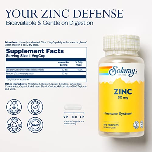 SOLARAY Cápsulas De Suporte Imunológico De Zinco 50 Mg, Contagem De 100, Vegano, Semente De Abóbora