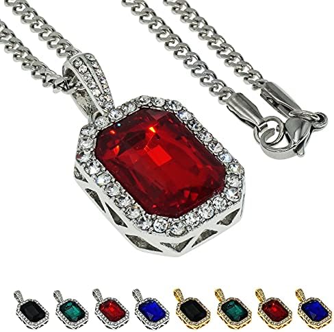 ZeaLian Hip Hop Necklace Iced Out Red Crystal Simulated Ruby Pendant Jewelry Gemstone Zirconia with Stainless Steel Cuban Chain Silver Plated for Men Women(Silver Red)