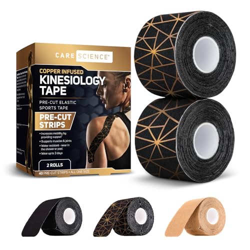 Care Science Waterproof Kinesiology Tape, 40 ct Precut Strips (2 Rolls), Copper Infused | Water Resistant Strips, Elastic Athletic Tape for Sports & Weightlifting, Muscle Strain Relief & Joint Support