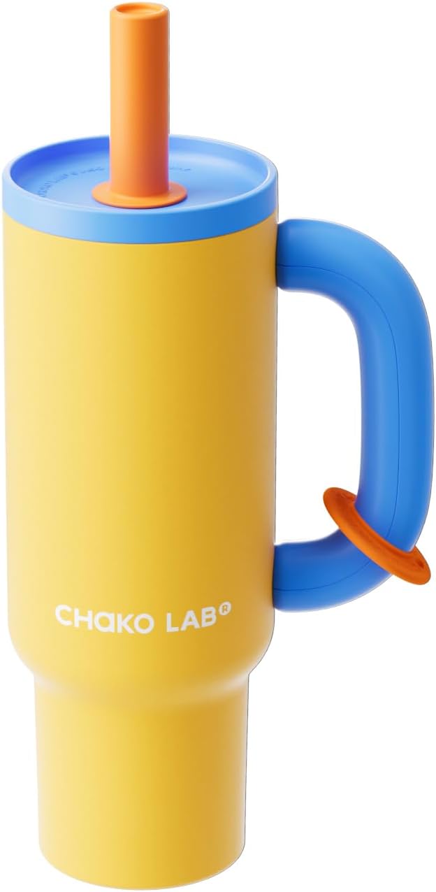 BaWang Insulated Stainless Steel Tumbler | Tumbler with Handle and Straw 33oz | Cup Holder Friendly for Travel | Leakproof Water Bottle | BPA-Free | 316 stainless steel liner| yellow＆blue