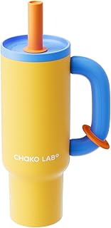 CHAKO LAB BaWang Insulated Tumbler | Tumbler with Handle and Straw 33oz | Cup Holder Friendly for Travel | Leakproof Water Bottle | BPA-Free | yellow&blue