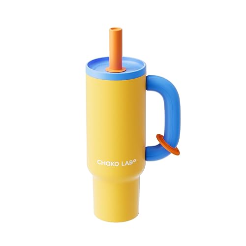 CHAKO LAB BaWang Insulated Stainless Steel Tumbler | Tumbler with Handle and Straw 33oz | Cup Holder Friendly for Travel | Leakproof Water Bottle | BPA-Free | 316 stainless steel liner| yellow＆blue