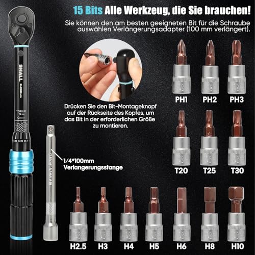 Shall 15-Piece 1/4" Torque Wrench Set, (2-25Nm) Dual Direction Adjustable 72 Tooth for Bike and Motorcycle Maintenance,with Extension Pole and Storage Box - 3