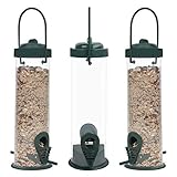 BELLE VOUS Comedero Pajaros Tubo de Plástico Colgante Comedero Aves Silvestres (Pack de 3) Capacidad de 368 g – 2 Postes de Alimentación – Impermeable para Semillas Mixtas, Girasol