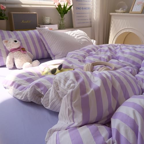 Image of EAVD Farmhouse Purple Striped Duvet Cover King Soft Washed Microfiber Pink White Vertical Striped Bedding Set with 2 Pillowcases Modern Geometric Pattern Duvet Cover with Zipper Closure