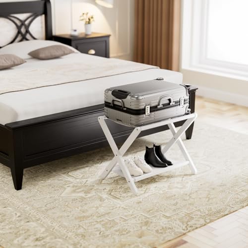 HITNET Kofferständer Klappbar 2er pack, Weiß Gepäckablage Faltbar aus Bambus für Gästezimmer, Kofferablage mit Stoffablage, platzsparender Kofferhocker für Hotel und Schlafzimmer