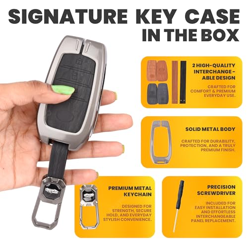 Image of Car Key Cover Compatible with Toyota withtuner | withtuner Legender | Innova Hycross | Invicto 3-Button Smart Key (Dual Leather Metal (Black & Brown))