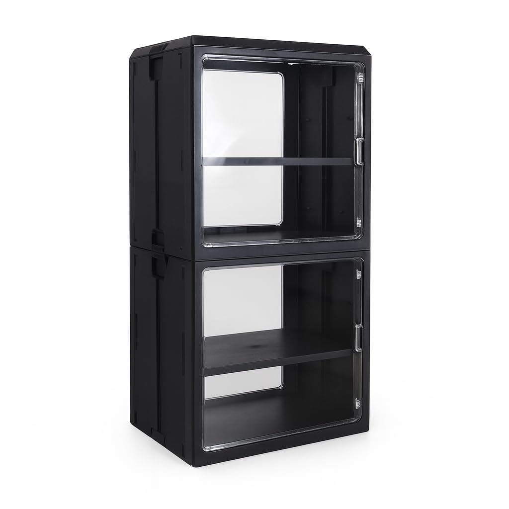 Vitrinas Transparentes, Plegables y apilables con Puertas de Doble Sentido para salón, coleccionables, Figuras, Cajas de Zapatos, Ropa, Bolsos y Documentos (Negro, 2 Niveles - Baldas Grandes)