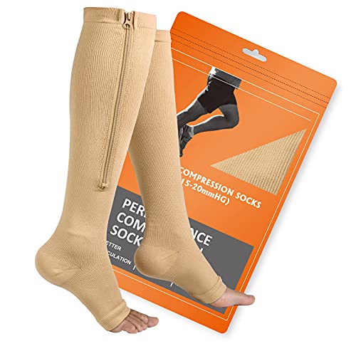 Zipper Compression Socks, 2 Pairs Open Toe Compression Stockings for Men Women (Nude - Compression socks, Large-X-Large)