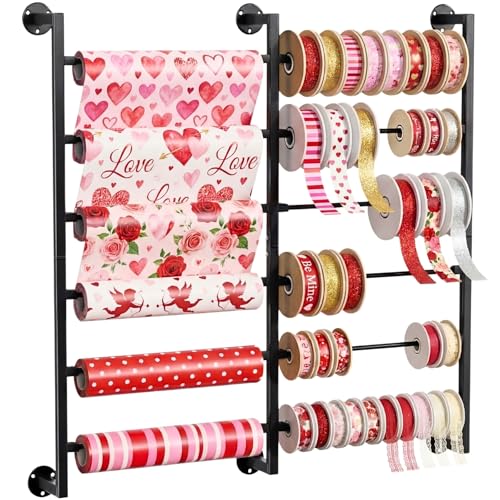 Ofiray-home Double 6-Tier Ribbon Storage Organizer, Large Capacity Wall Mount Ribbon Organizer with 12 Removable Rods, Gift Bag Yarn Storage Holder for Craft Room, Flower Shop, DIY Supplies - Metal by Ofiray-home - Used condition - US$46.72