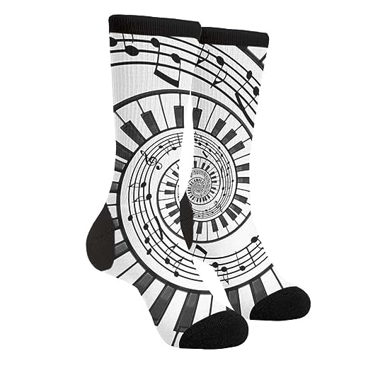 SEVEBJ Calcetines divertidos y divertidos, a la moda, cómodos, para hombres y mujeres, calcetines de vestir locos, teclas de piano, teclado, música, abstracto, redondo, espiral, notas de piano
