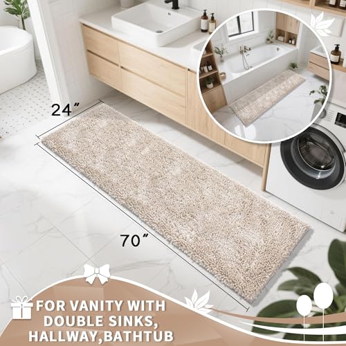 Image of Yimobra Long Bathroom Rugs Runner 70x24 Inch, Extra Thick Soft Absorbent Chenille Bath Mat, Non Slip Machine Washable, Quick Dry Bath Rugs for Bathroom Floor, Tub and Shower, Khaki