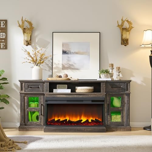 3-Side Fireplace TV Stand for up to 80 Inch TV, LED Entertainment Center with 36 Inch Electric Fireplace, Farmhouse TV Console Table w/Drawers & Cabinets for Living Room, Dark Rustic Oak - Thumbnail 4