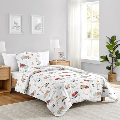 Image of Sweet Jojo Designs 2-Piece Twin Comforter Set (Red Construction Truck) for Boys, Children, Kids Bedding, Bed in a Bag incl. Blanket & Pillow Sham (Transportation, Gray, Blue, Grey & Yellow, Trucks)