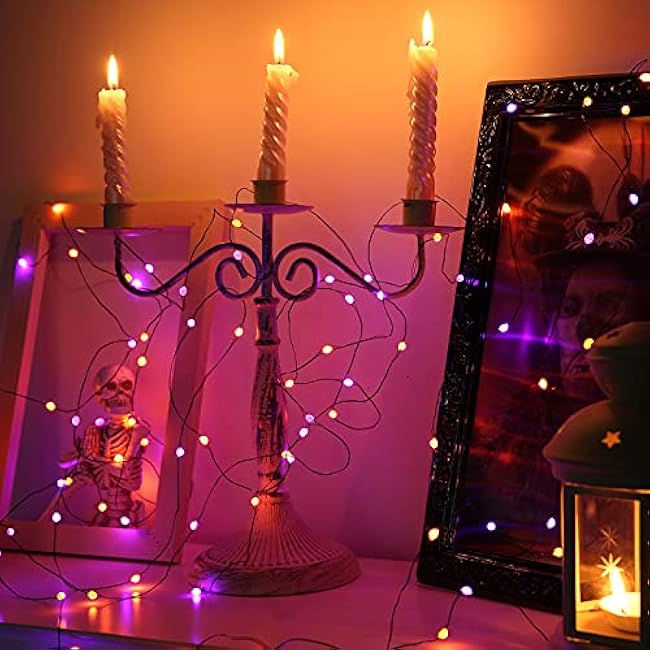 Lomotech Orange Purple Halloween Lights, 2 Pack 16.4ft 50 LED Battery Operated Halloween Fairy Lights with Timer Function, 8 Modes Waterproof Twinkle Lights for Halloween Decorations (Black Wire)