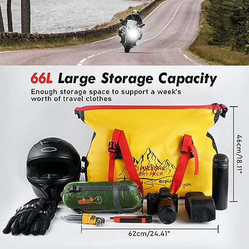 NICECNC Waterproof Motorcycle Dry Duffel Bag 66L, 500D PVC Motorcycle Tail Bag Rear Seat Rack Trunk Bag Universal Motorcycle Travel Luggage Storage Bag Fit for Adventure Riding Camping Boating, Yellow