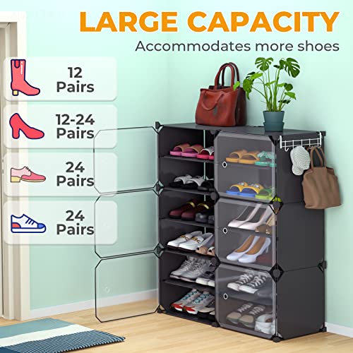 Nihome Shoe Rack Organizer Storage Bin Box - 24 Pairs Closet Shoe Storage With Doors- Stackable Plastic Shoe Storage Box - Free Standing Shoe Rack For Entryway Garage Bedroom #TOP1