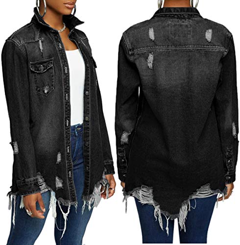 Laiyivic Black Jean Jacket Women Distressed Ripped Long Sleeve Oversized Denim Jackets Xl #TOP1
