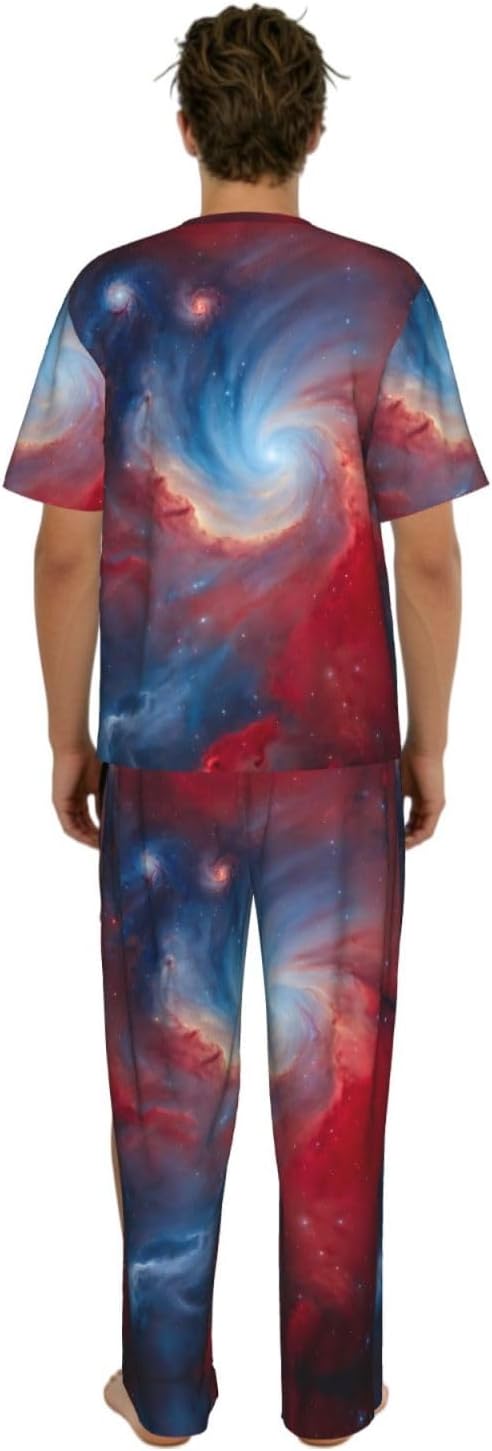 Men'S 2 Piece Loungewear Pajama Set Red Blue Galaxy Print Short Sleeve Tee Top And Pants Set S-3xl