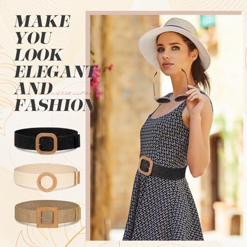 Image of Syhood 3 Pieces Straw Woven Elastic Waist Belt for Women Bohemian Dress Braided Belt