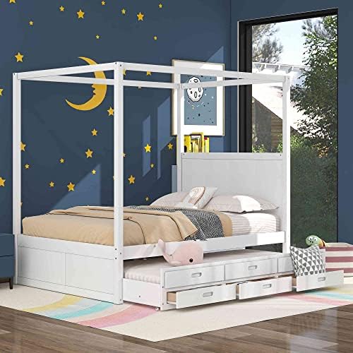 Cotoala Queen Size Canopy Platform Bed, Bedroom Bedframe Furniture with Twin Size Trundle and 3 Storage Drawers for Kids, Home, Adults, No Box Spring Need, White