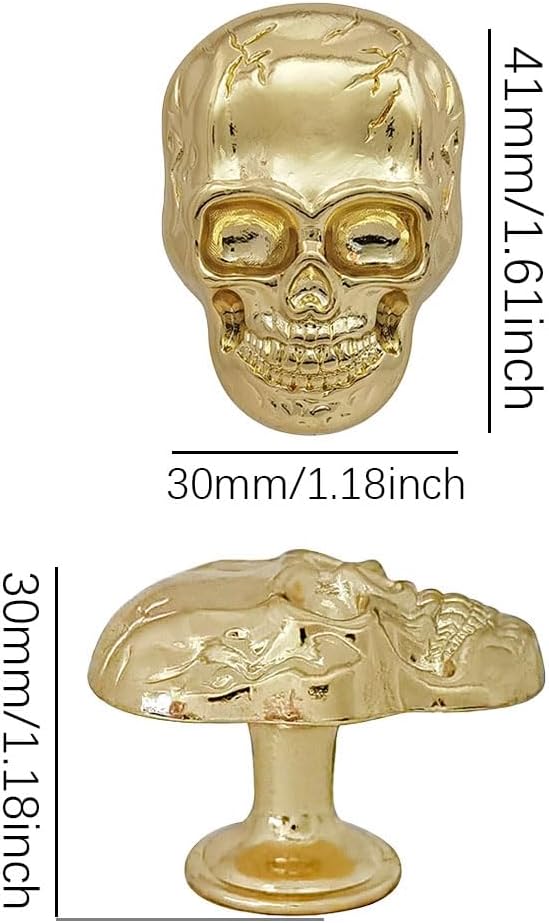 Gold Skull Knobs 4 Pcs, Drawer Knob Pulls, Vintage Skeleton Chest of Drawers Knobs, Single Hole Knobs for Dresser Armoire Bookcase Closet Hardware Furniture Decor (Gold)