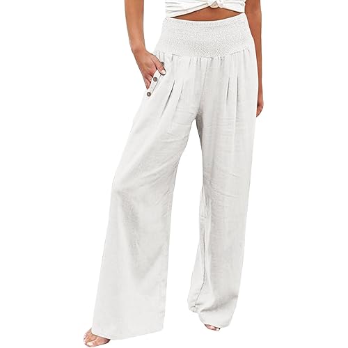 CHUOAND Linen Pants Women Boho Cotton Palazzo Pants Summer Flowy Wide Leg Lounge Trousers High Waist Vacation Outfits