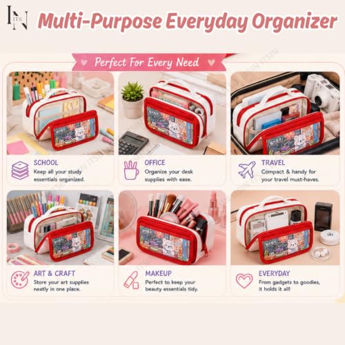Image of Large Capacity Pencil Pouch Aesthetic Pencil Bag 3 Layer 6 Compartment with Zipper Kawaii Cartoon Stationery Organizer for School, College, Office & Travel (Red Multi Compartment Pouch)