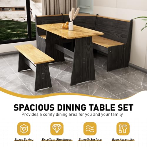 Image of Kitchen Breakfast Nook Table Set - Solid Wood Corner Bench Dining Set for 4-6 People, L Shaped Bench for Dinner Room, Space Saving Kitchen Booth Seating with Table for Small Space, Ink Black