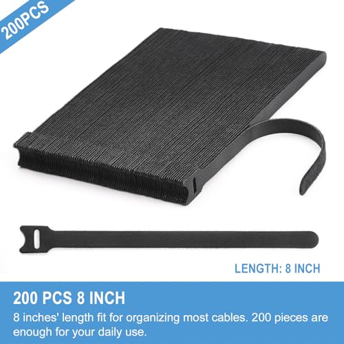 Image of 200 PCS 8 Inches Reusable Cable Ties | Adjustable Cord Wraps, Cable Straps | Hook & Loop Cord Organizer, Cable Management (Pack of 2)