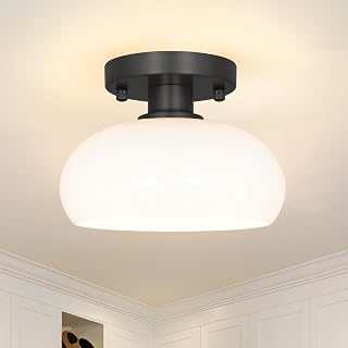 Elegant Black Semi Flush Mount Ceiling Light - Vintage Inspired 8 Inch Small Close to Ceiling Fixture with Soft Glowing Glass Shade, Perfect for Hallway, Entryway & Small Spaces