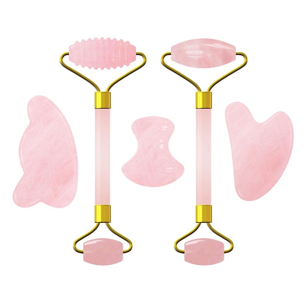 Set di raschietto a rullo di massaggio al quarzo rosa naturale per massaggi per il massaggio facciale occhi rilassante corpo guasha cura della pelle massaggiatore-Guasha-Yu.