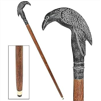 Wooden Palm Walking Stick | Crutch Support Wood & Brass Handmade Strong Sturdy Beautiful Wood Cane with Decorative Artwork Black Raven Handle The Black Corvus