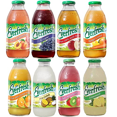 BeeQ Box - (Pack of 8) Variety Everfresh Juice, 8 Differnt Flavors : Peach Watermelon, Grape, Apple, Mango Carrot, Orange, Pina Colada, Kiwi Strawberry, Lemonade | 16 oz bottles