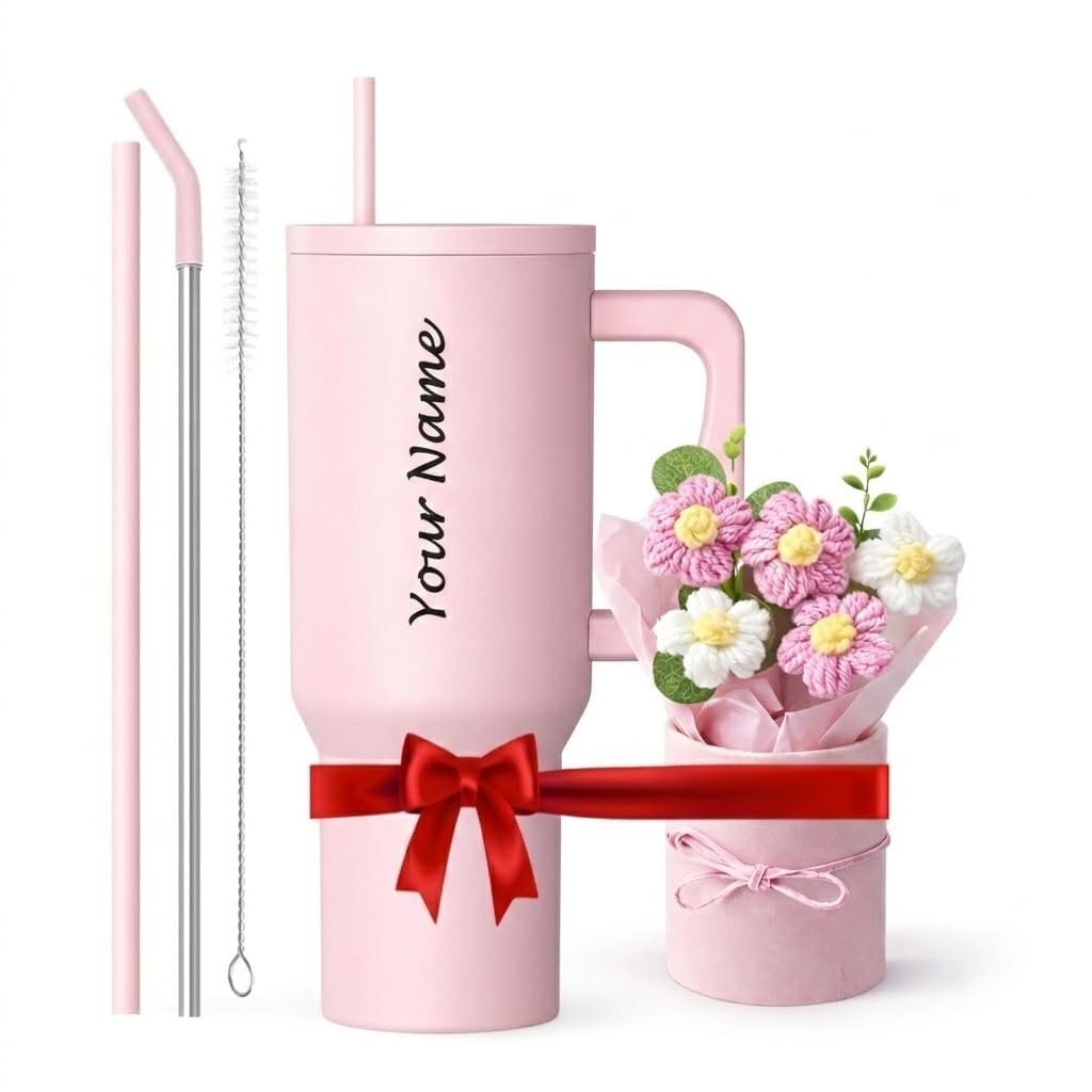 COMFYPOT 1200ml Steel Tumbler with Straw | Personalized Tumbler + Crochet Flower Bouquet Gift for Birthdays, Weddings, Anniversaries – Gift for Women, Men, and Girls