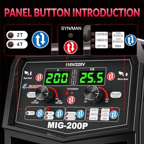 GZ GUOZHI 200A MIG Welder, 7 in 1 Gas MIG/MAG/Gasless Flux Core MIG/Lift TIG/Stick/Spot Welding/Spool Gun Multi-Process Aluminum Mig, Dual Voltage 110V/220V Welding Machine