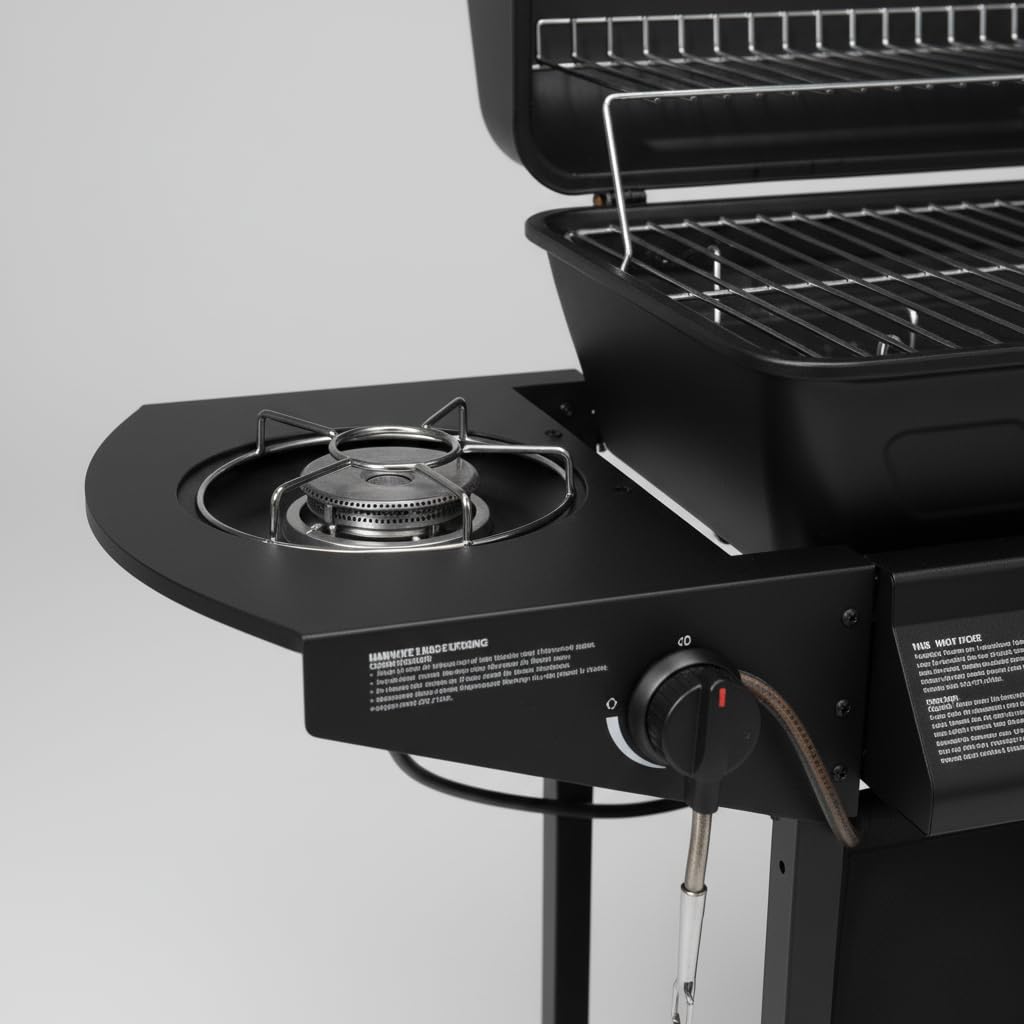Barbecue a Gas 2 Bruciatori con Fornello Laterale – Griglia Rimovibile, Ripiani Laterali, Carrello con Ruote – BBQ da Giardino per Esterno, Compatto e Facile da Trasportare